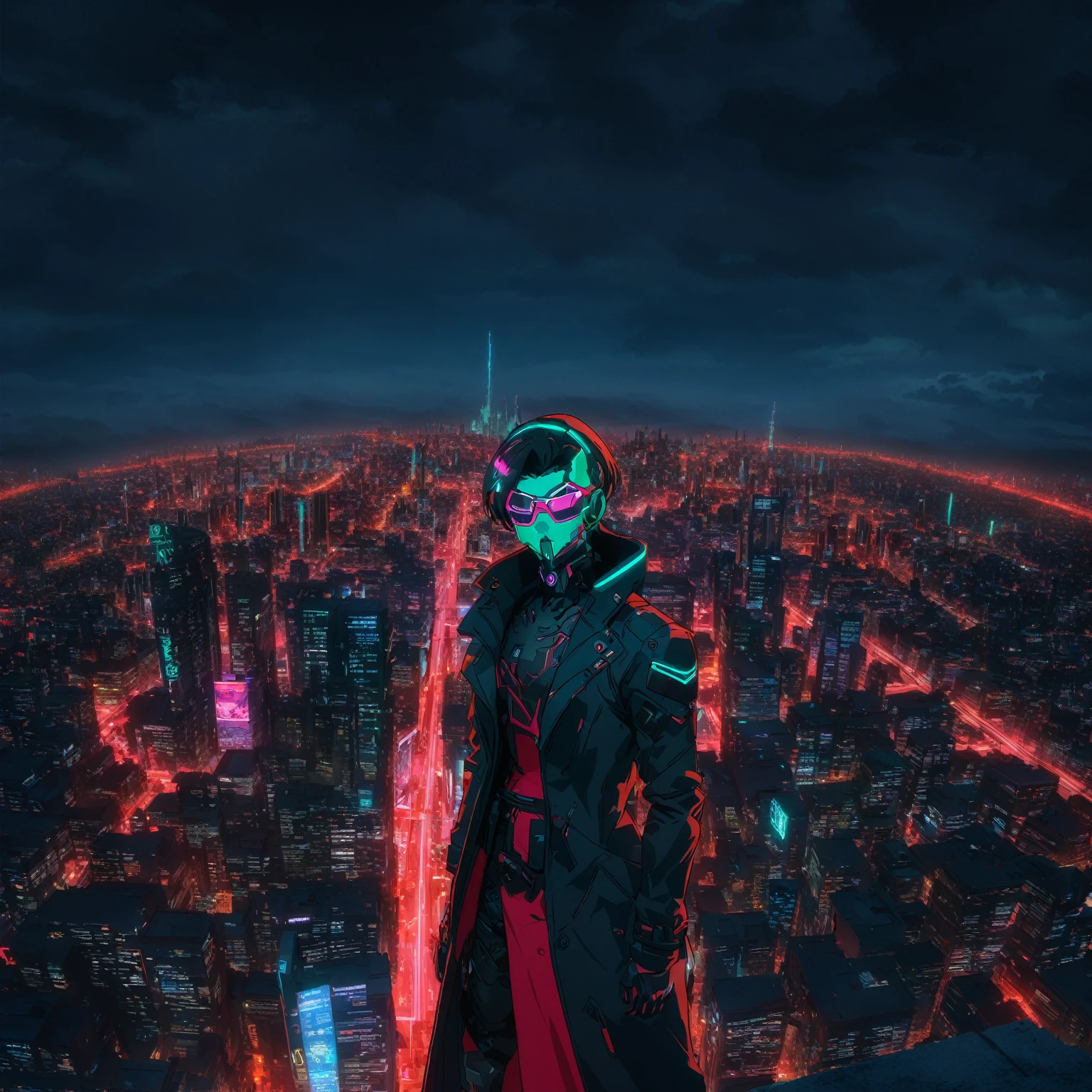 anime character standing on a ledge overlooking a city at night, badass anime 8 k, best anime 4k konachan wallpaper, in front of a sci fi cityscape, digital cyberpunk anime art, in cyberpunk city, ufotable art style, modern cyberpunk anime, anime cyberpunk art, city in the background, anime style cityscape, digital cyberpunk - anime art, figure with facemas and glasses long coat