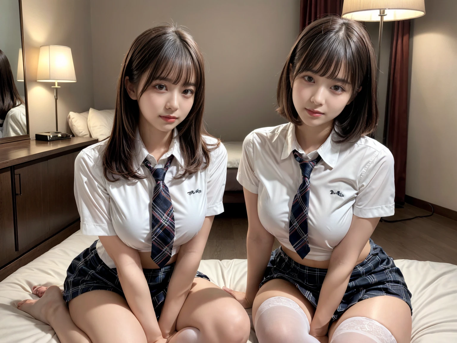 masterpiece, best quality, illustration, Super detailed, fine details, High resolution, 8K,wall paper, perfect dynamic composition,(Details High quality, realistic depiction of eyes:1.3), (2 girls), (white school shirt :1.2), (plaid skirt :1.3), tie black, black thigh-high stockings, sitting, open legs, short bob hair, in a hotel room in the background, deep on field, large breasts, black hair color, Big Natural Color Lip, (perfect body shape), crying a little、Harajuku style、20 year old girl、cute type、beautiful legs, Gravure Idol