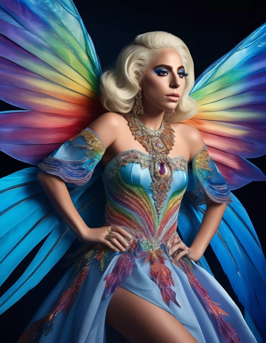 lady gaga in a rainbow dress is flying over the blue rainbow sky, beautiful fairy, rainbow wings, beautiful fairy adulta, Beautiful and colorful, fantasy coloring, magnificent fairy, beautiful fairys, beautiful fairy, fada astral, futurist, best quality colorful art, realisitic, realisitic, award-winning illustration, (Highly detailed texture of face and skin), (all-body), (Complicated Detail: 1.2), (fine-details), (Complicated Detail), (Cinematic Lights, better quality backlight), Sharp lines, sharp focus, offcial art, unity wallpaper 8k, absurdrez, Unbelievably absurd, huge filesize, -, Fantasyart, RTX,((close-up photo of the award-winning studio)), , (escape), , perfect hands, beautiful detailed eyes, face perfect