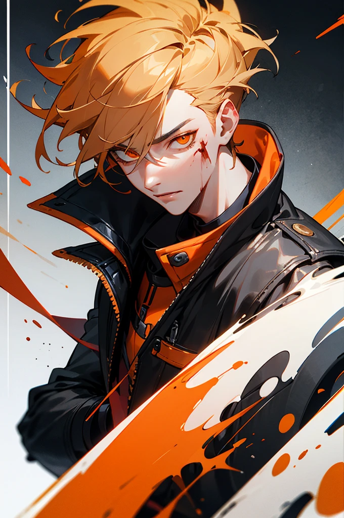[[[man]]] portrait, ((best quality)), ((masterpiece)), (detailed), man 1, Club DJ/ young/ man/ looks difficult/ very injured/ covered in blood/ orange eyes/ black leather jacket/ orange decoration, wearing black gloves