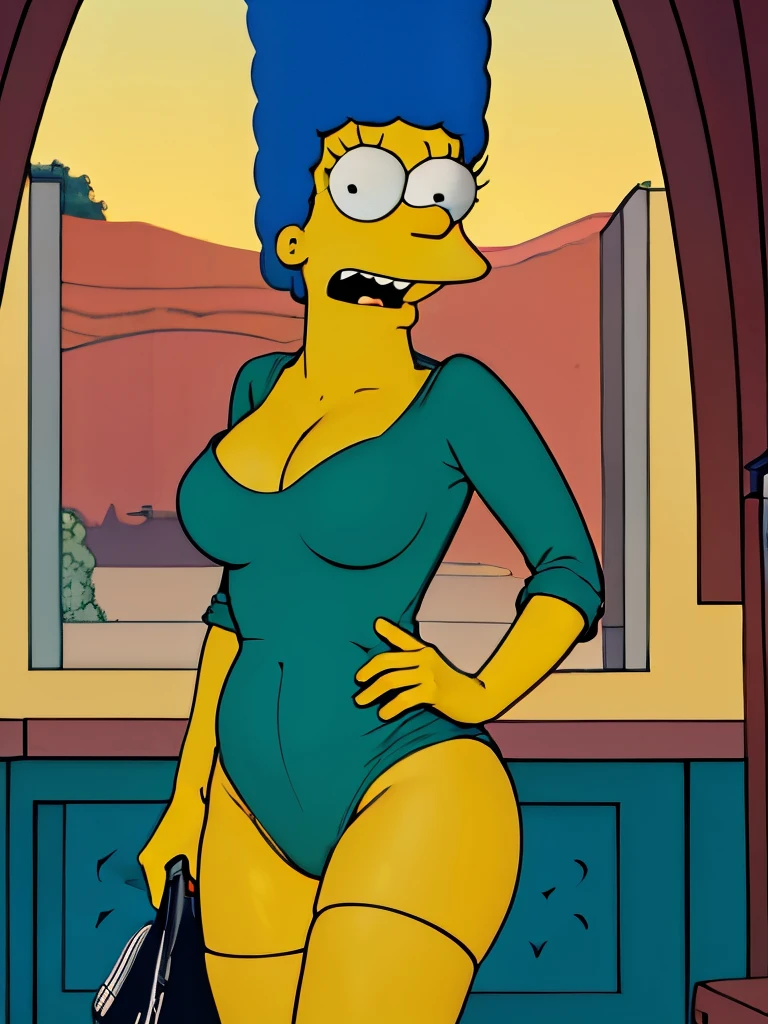 Marge Simpson, with her iconic big curves, is the center of attention in this full body picture. The focus is on her ample derriere, accentuated by the bands of her panties, which have ripdown the middle, revealing her voluptuous figure. She adorns no clothing, and has DD breasts. Standing next to her, with unabashed admiration, is her mischievous son Bart. He stands tall, proudly displaying a full boner, adding to the playful and slightly absurd scene. The image is rendered in ultra-high definition, with every detail of Marge's textured skin and Bart's wide-eyed expression captured in stunning clarity. The background is a simple, plain backdrop, allowing the mother-son