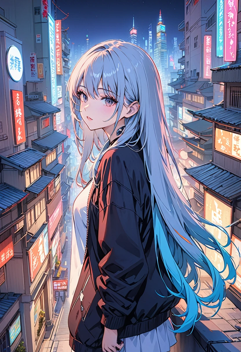 Masterpiece High resolution One beautiful girl City night neon On top of a building Cyberpunk Long hair