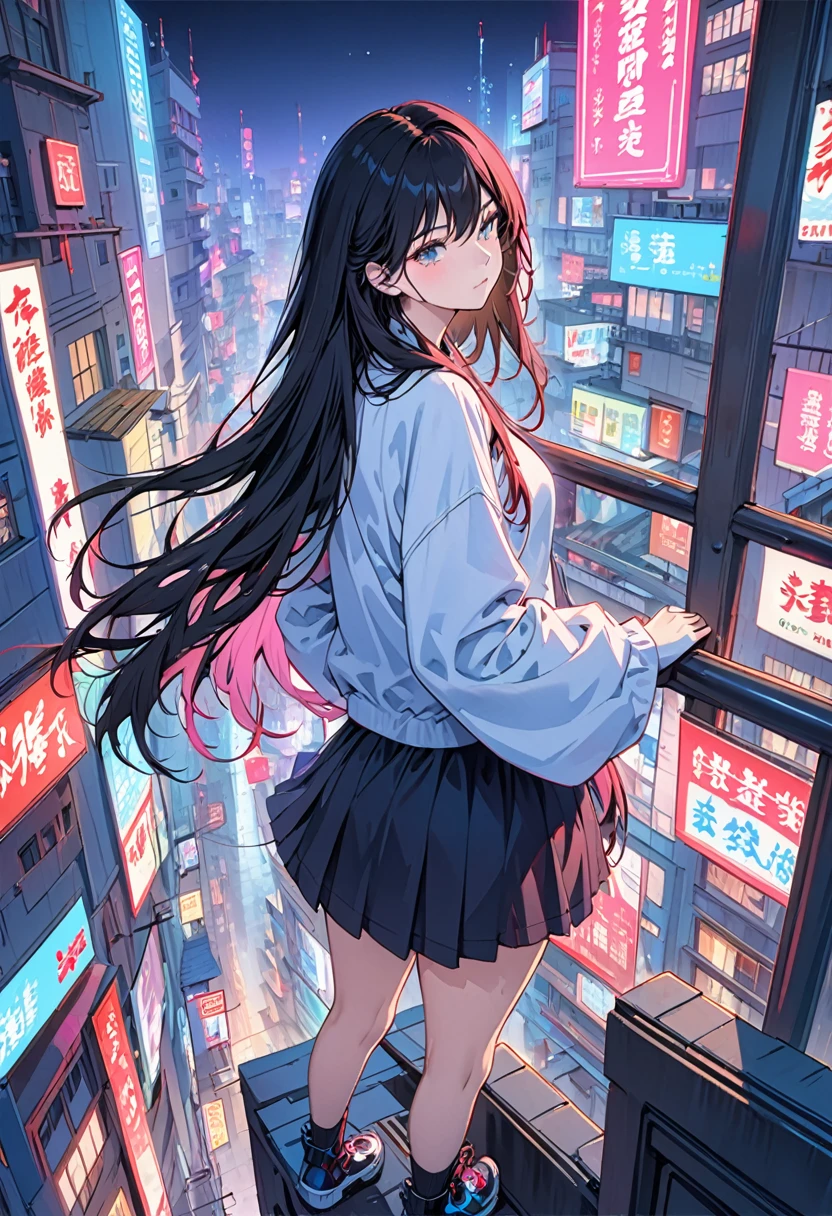 Masterpiece High resolution One beautiful girl City night neon On top of a building Cyberpunk Long hair