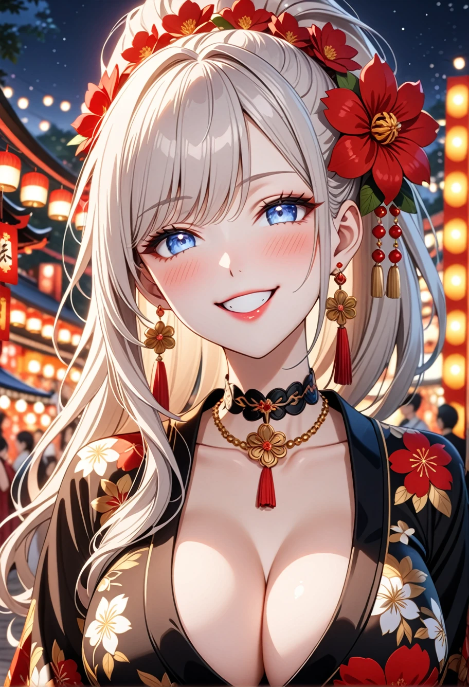 ultra-detailed, ((one girl)), (pale skin:1.5), (portrait), fair-skinned gyaru, ((Girl in black kimono)), (heavy makeup), hyper detailed, absurdres, 8k, Beautiful Face, (Laugh shyly), ((teasing smile:1.2)), ((happy smile:1.4)), ((Wink:1.4)), (Laugh with your mouth wide open), ((Tilt your face:1.6)), View your viewers, ((full-face blush:1.3)), Glossy Red Lips, ((huge breasts:1.6)), summer, night, Small park, Festival Venue, ((Anime style background)),masterpiece, Highest quality, Latest, Complex details, ((red long nail:1.2)), (ring),(bracelet), (Floral Choker),AI-generated, Complex,High resolution, Highest quality, super high quality,3D Images、3D Images,One person, (Silver White hair),Long Hair, (White high ponytail), (wavy hair:1.3)), Anime woman posing for a photo, ((Eyes with detailed pupils、blue eyes、glowing eyes:1.3)), (Squint your eyes:1.1),a hyperRealistic , hyperRealistic , Realistic,Anime woman with long white hair, Smooth anime CG art, ((A girl in a gorgeous black kimono:1.2)), ((black furisode:1.3)),Gold embroidery, (Large floral pattern in red color), (Long red flower hair ornament),(big floral earrings), Mature Body, tall,Narrow waist, (extreme close-up shot),