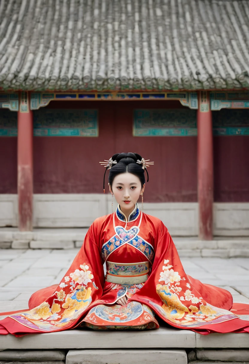 A woman seen from the front, sitting facing forward with her legs apart. A 20-year-old Qing dynasty empress in the Chinese imperial court during the Qing dynasty. The empress is wearing a red Manchu outfit with a floral pattern and is open at the front, revealing her chest, lower abdomen, thighs and feet.。She is wearing no underwear, and her large breasts are exposed, right down to her bare stomach. Her hair is tied up and pulled up, and the background is the stone pavement of the Chinese palace of the Qing Dynasty.