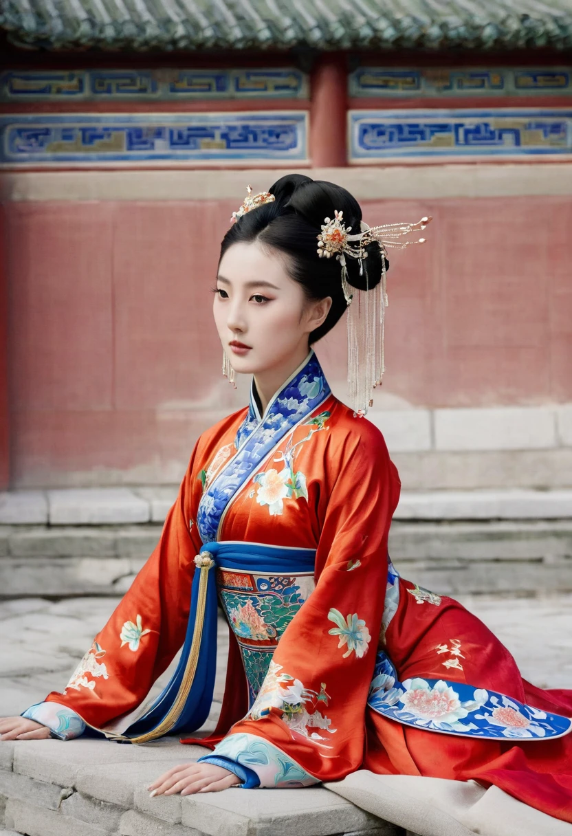 A woman seen from the front, sitting facing forward with her legs apart. A 20-year-old Qing dynasty empress in the Chinese imperial court during the Qing dynasty. The empress is wearing a red Manchu outfit with a floral pattern and is open at the front, revealing her chest, lower abdomen, thighs and feet.。She is wearing no underwear, and her large breasts are exposed, right down to her bare stomach. Her hair is tied up and pulled up, and the background is the stone pavement of the Chinese palace of the Qing Dynasty.