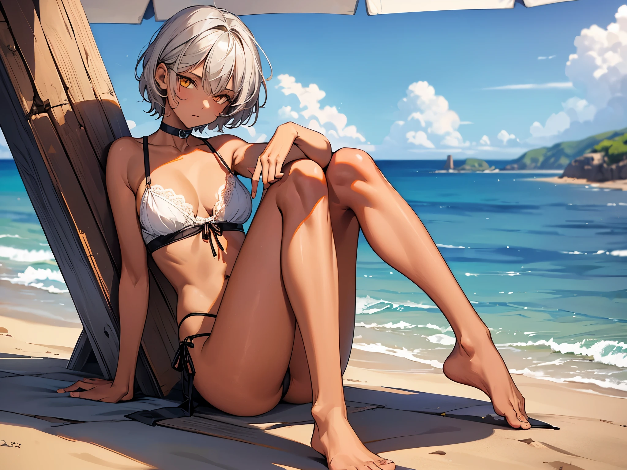 masterpiece, Highest quality, Perfect Face, Highest Resolution, Highest quality,Detailed depiction of the eyes, 8k, 1 girl, young, dark tan skin, slate gray hair, short hair, upturned eyes, Yellow Orange eyes, ribbon choker, Seaside, Relax, Correct foot shape, Perfect Anatomy