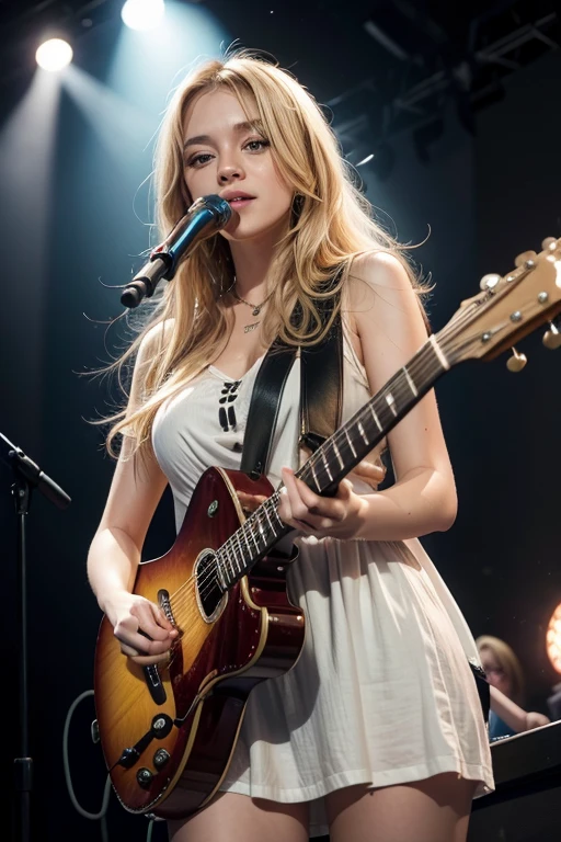 a blonde woman ( @micaela), with a guitar in hand.
in a live show,
on a lit stage,
and large audience.