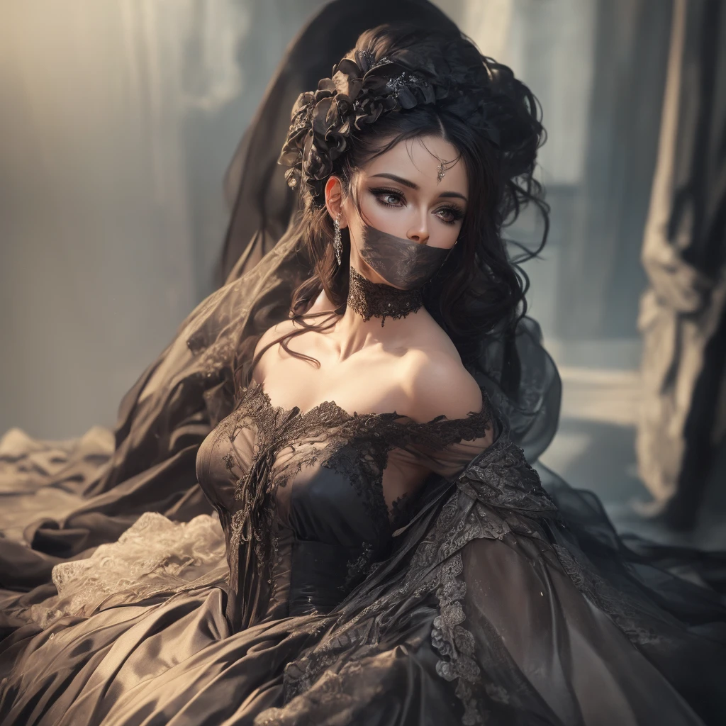 a very beautiful woman in a long ruffled silk dress, tied up and gagged, gr33ns1lk, beautiful detailed eyes, beautiful detailed lips, extremely detailed face, longeyelashes, elegant, graceful, sensual, cinematic lighting, dramatic shadows, highly detailed, photorealistic, 8k, masterpiece, intricate details