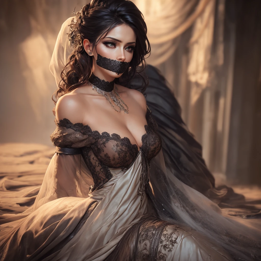 a very beautiful woman in a long ruffled silk dress, tied up and gagged, gr33ns1lk, beautiful detailed eyes, beautiful detailed lips, extremely detailed face, longeyelashes, elegant, graceful, sensual, cinematic lighting, dramatic shadows, highly detailed, photorealistic, 8k, masterpiece, intricate details