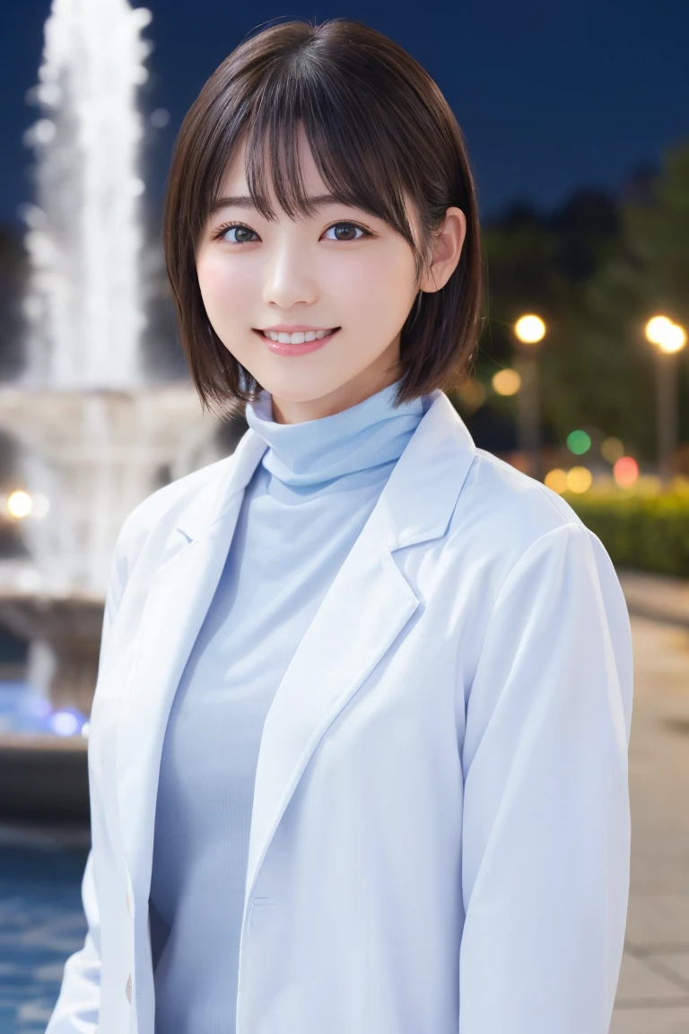 masterpiece, Highest quality, One Woman, (White coat、Light blue turtleneck:1.2), 22 years old、(RAW Photos, Highest quality), (reality, Realistic:1.4), Upper Body、Clean look、Iris、very detailed eyes and face, Beautiful and detailed nose, beautiful eyes, Cinema Lighting, (Plein Air:1.3), Fountain at night, Reflection of light, Perfect Anatomy、Black short hair、bangs、Crystal skin, A cool smile、Face Focus