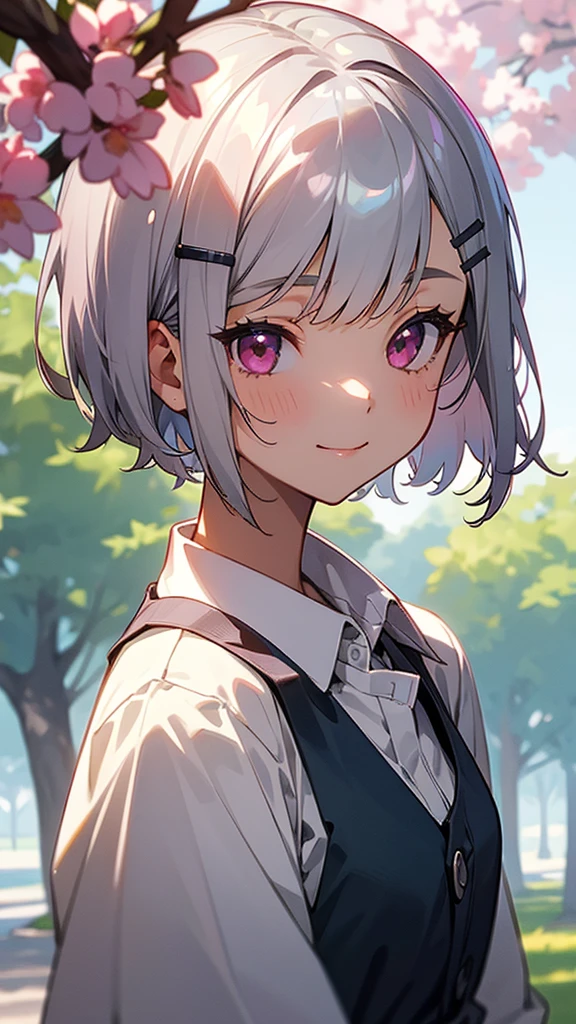 １girl、Short silver bob hair held together with a hair clip, Pink Eyes、smile、I really like it、Upper body close-up、Morning Park、Background Blur, The depth of the drawn boundaries