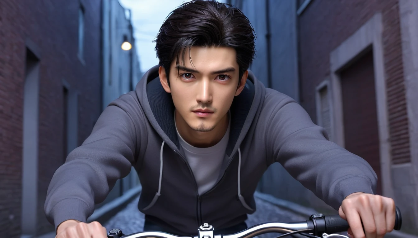 (8k, RAW photos, best quality, masterpiece: 1.4), (((Takeshi Kaneshiro riding a bicycle when he  young)))，Ultra-high resolution, Extremely detailed, light, Upper body close-up, handsome boy, black eyes, (delicate eyes, Eyes are bright:1.2), Black short hair, Fair skin,dark, Grey sweatshirt, sweatshirt with hood,(perfect anatomy:1.2), High-quality shadows, Natural Lighting, (White highlights:1.2), night, cloudy day, (Alley:1.2)