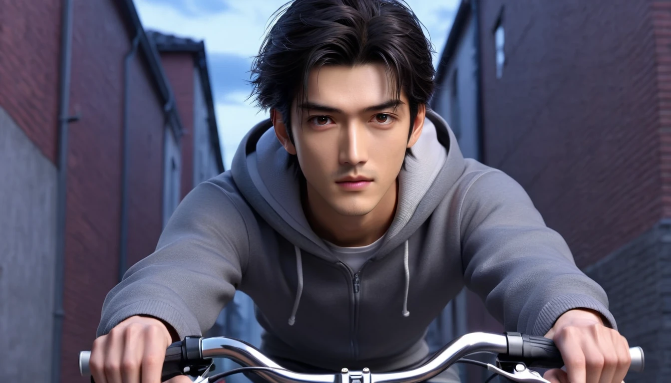 (8k, RAW photos, best quality, masterpiece: 1.4), (((Takeshi Kaneshiro riding a bicycle when he was young)))，Ultra-high resolution, Extremely detailed, light, Upper body close-up, handsome boy, black eyes, (delicate eyes, Eyes are bright:1.2), Black short hair, Fair skin,dark, Grey sweatshirt, sweatshirt with hood,(perfect ???????:1.2), High-quality shadows, Natural Lighting, (White highlights:1.2), night, cloudy day, (Alley:1.2)