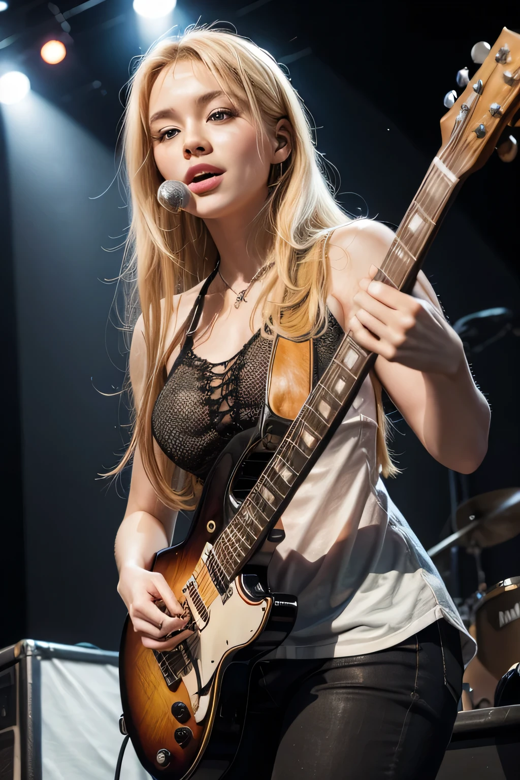 a blonde woman ( @micaela), with a guitar in hand.
in a live show,
on a lit stage,
and large audience.