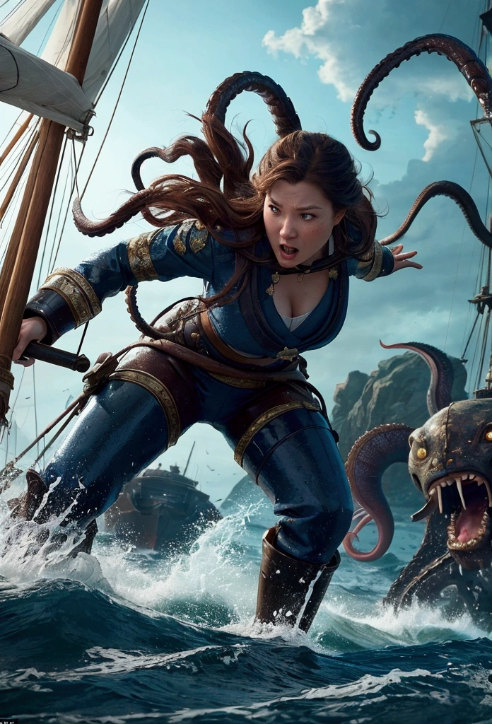 Realistic and cinematic, a brave and beautiful female captain from the Age of Exploration, wearing period-appropriate attire, standing on the deck of a sailing ship, raising her saber to fight a gigantic Kraken, fierce and determined expression, blue sea and sky, sparkling water splashes, the Kraken's tentacles wrapping around the ship, crew members fighting alongside the captain, camera angle from behind and slightly below the female captain, capturing her in mid-action and the monstrous Kraken looming in the background, dynamic and intense battle scene, ultra-detailed rendering,