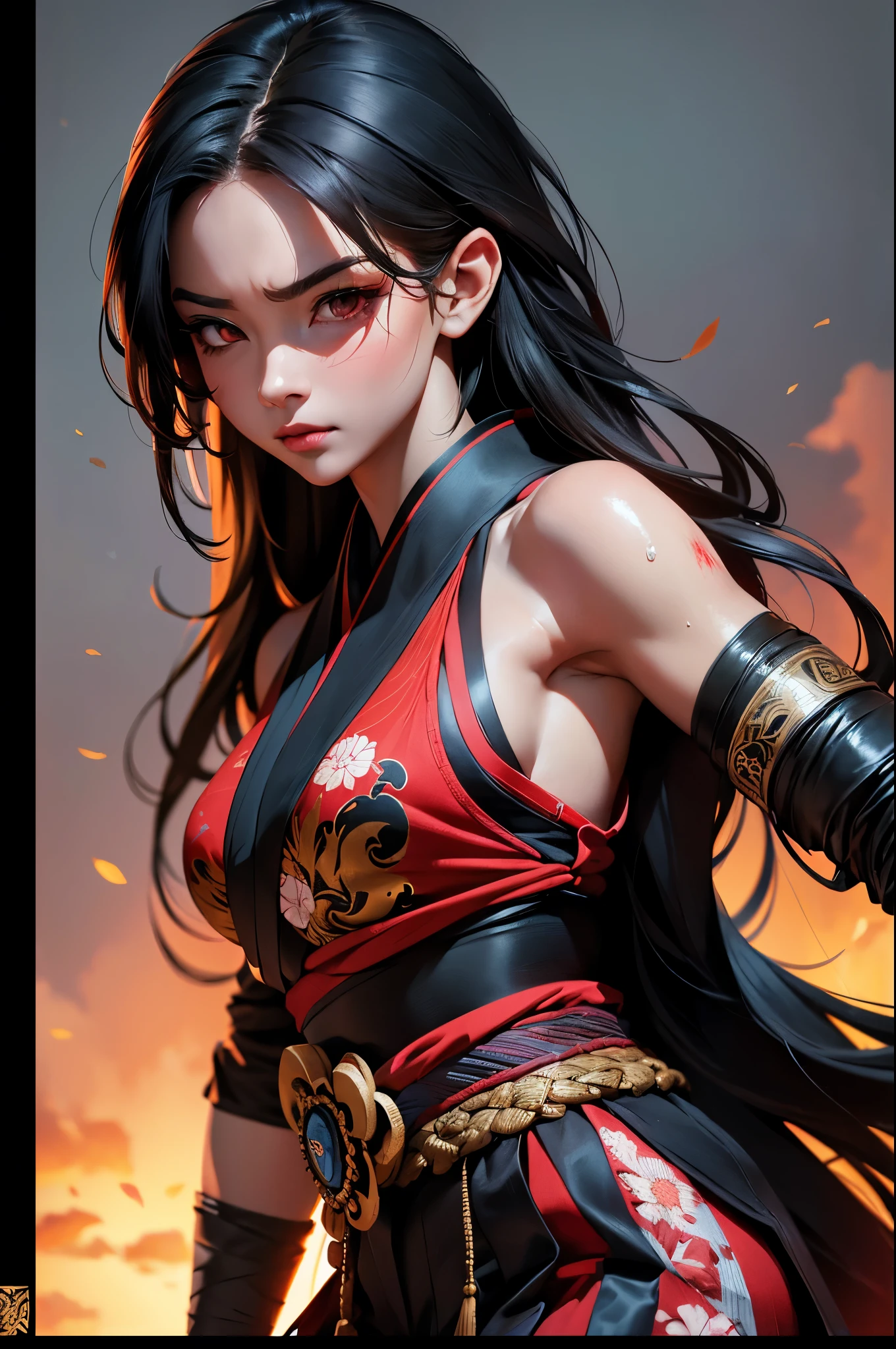 realisitic, 1girl, high quality fingers, normal hands, detailed fingers, Masterpiece artwork, (realisitic, foto-realisitic: 1.37), realisitic, 1girl, long hair:1.5, Bblack hair:1.2, Eyes red:1.5, glare eyes, mortal kombat, Erotic ninja, bloodstains, cicatriz, canons, kimono, ful dressed, mortal kombat continues, struggling pose, serene gaze, temple, meditation, injuries, cover half the face, (sweat: 1), view from above