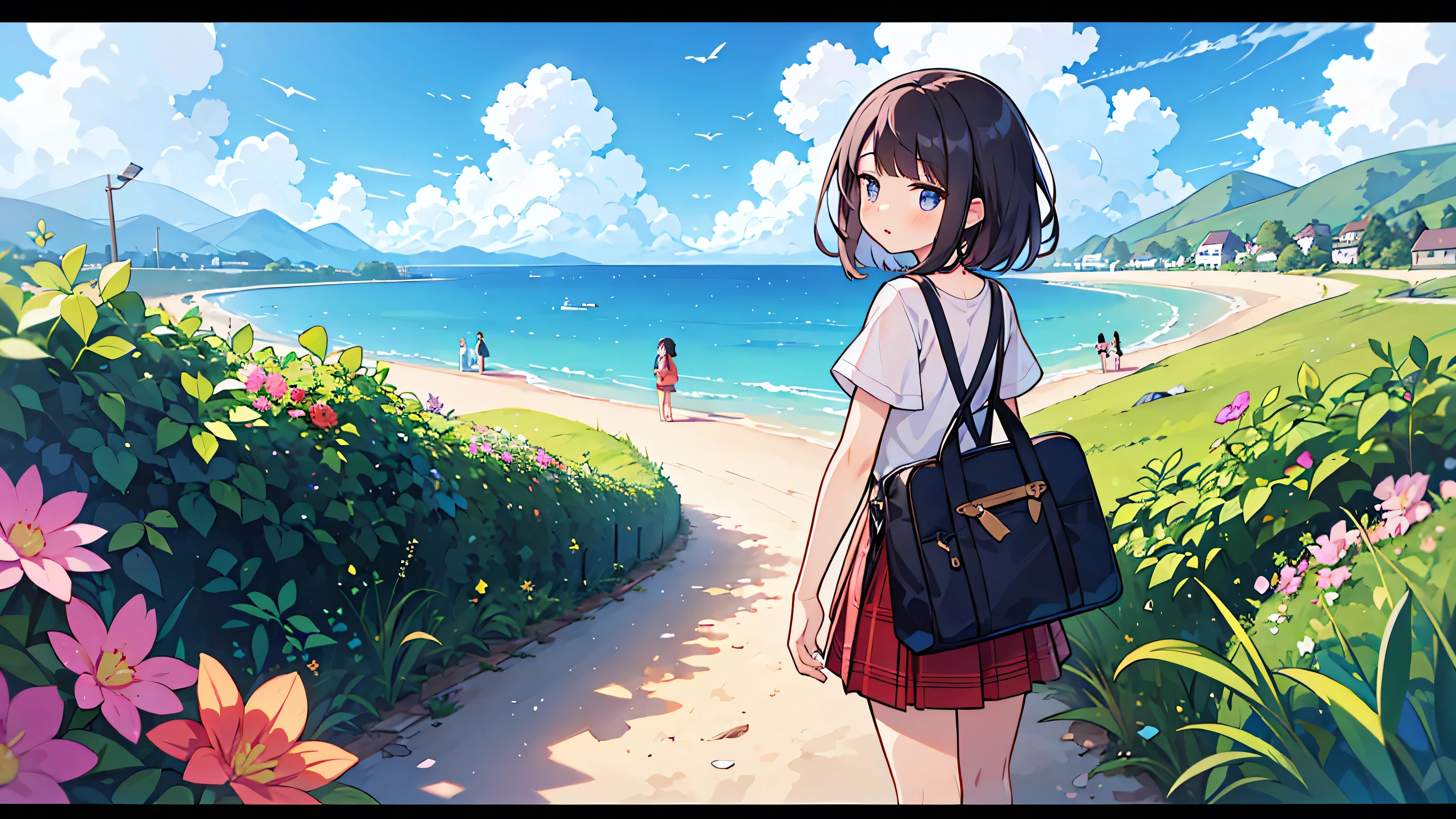(masterpiece, best quality),1 woman, different hair colors, different faces,letterboxed, perfection of fashion,chapped lips, casual attire, whole body, from behind,open sea,calm,dragging a bike down ,Downhill road to the beach,clean sky,Clumping clouds, skirt,relaxed,A small village seen at the end of the road,The gaze is towards the village,Flowers around the road,Moana Island