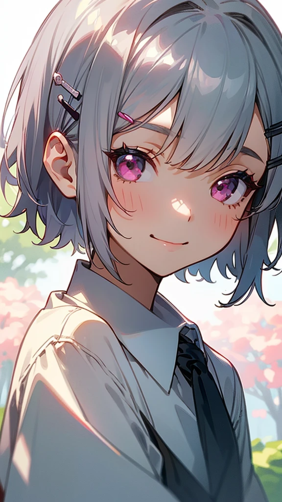 1girl、Short silver bob hair held together with a hair clip, Pink Eyes、smile、I really like it、Upper body close-up、Morning Park、Background Blur, The depth of the drawn boundaries