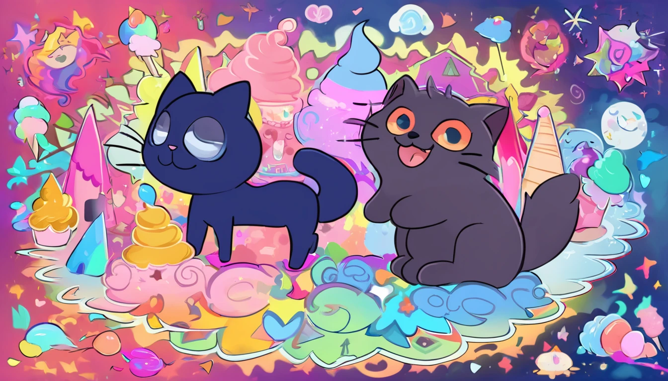 two cute cat spirit beasts facing each other while lying down, colorful soft serve ice cream, poorly drawn cartoon-style images, colorful patchwork of contrast magic, funny dark fantasy , background demon castle