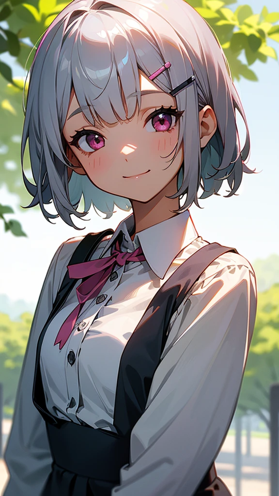 1girl、Short silver bob hair held together with a hair clip, Pink Eyes、smile、I really like it、Upper body close-up、Morning Park、Background Blur, The depth of the drawn boundaries