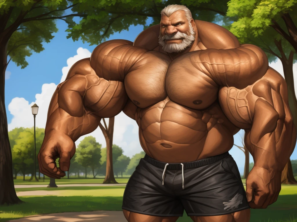 1boy, 1man, solo, (realistic:1.3, hyperrealistic, hyper realistic, super realistic). Park, extremely huge muscular, massive muscular , (topless, shirtless, shorts), well-muscled old man. ((extremely muscle size, super thick arms, huge pec, extremely wide pectoral , huge arms)), wide smiling. Add textures and details to make the image more realistic, such as the appearance of the. Make sure the resulting image is high resolution, 8K quality