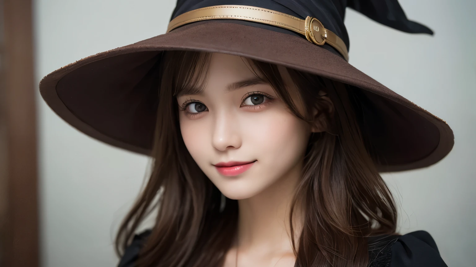 white background, half body portrait, bust shot, one girl, (a beauty girl, delicate girl:1.3), (20 years old:1.3), break, (witch costume, Witch hat, Witch clothes), break, (gates of hell:1.2), break, very fine eyes, (symmetrical eyes:1.3), break, small breasts, brown eyes, parted bangs, brown hair, (smile), break, (eyes and faces with detailed:1.0), break, (masterpiece, best quality, ultra detailed, detailed face, 8k)