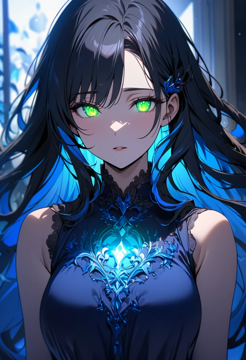 girl, black hair, long hair, green eyes, ,blue hair ornament pretty, blue dress, ,beautiful eyes, mature, super detail, beautiful color, glowing eyes, macro picture, blue aura, smooth hair, adult