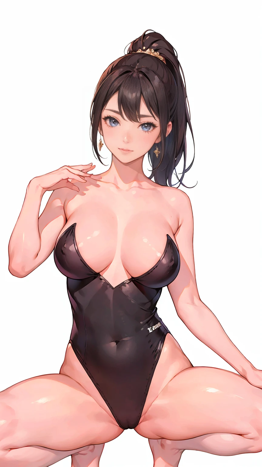 (highest quality, masterpiece:), ultra-high resolution, night, in the pub, Japanese model, young and beautiful gravure idol, squatting, spread legs:1.3, tight, wearing a leotard, high leg, gigantic breasts, puffy nipple:1.4, bangs, wavy long hair, ponytail, earrings, beauty, victory smile, mature woman, please face forward and look at the camera,