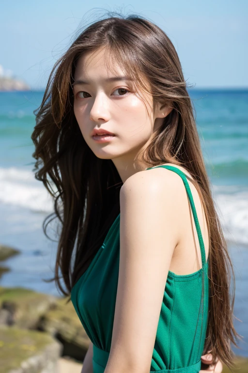 ((Highest quality)), ((masterpiece)), (detailed), One girl, Green dress、whole body、Brown long hair、Serious face、Looking into the camera、Walking at the seaside