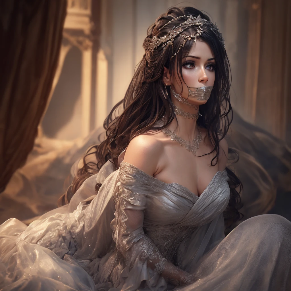 a very beautiful woman in a long ruffled silk dress, tied up and gagged, gr33ns1lk, beautiful detailed eyes, beautiful detailed lips, extremely detailed face, longeyelashes, elegant, graceful, sensual, cinematic lighting, dramatic shadows, highly detailed, photorealistic, 8k, masterpiece, intricate details