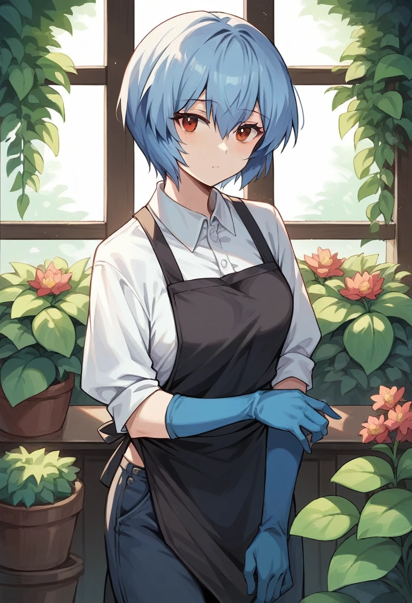 1girl, rei ayanami, ((blue half elbow gloves)), (white shirt), ((long sleeves)), (black apron), (pants), looking at viewer, plants flovers in the garden, ((in blue half elbow gloves)), solo