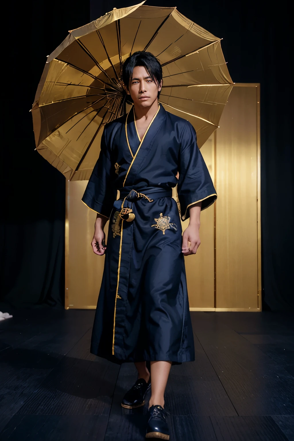 Yusei has tan skin, a somewhat muscular looking physique, black hair with gold highlights, and royal blue eyes. The upper layer of his hair juts upward while the lower layer arches down. Yusei FudoAppearance: Yusei wears a dark blue hanfu, a traditional Chinese robe, with golden dragon embroidery along the edges. The robe has wide sleeves and a flowing lower half. He completes the look with a black sash tied around his waist and black, soft-soled shoes. Yusei carries a parasol with dark blue fabric and golden dragon designs matching his robe.