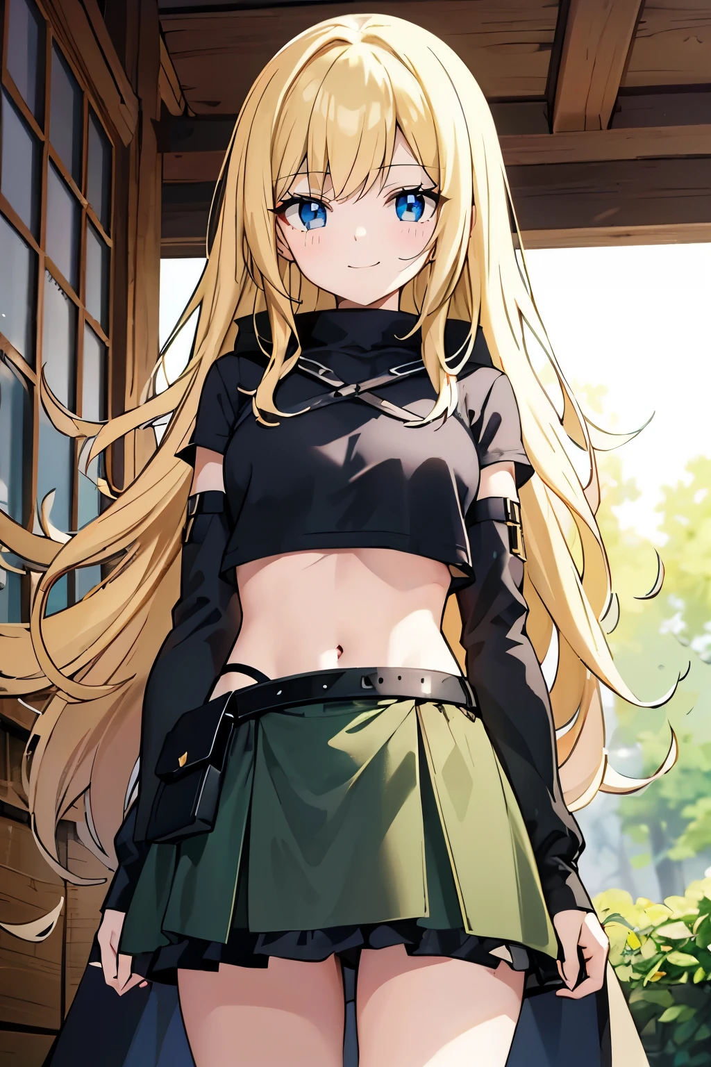 Safe for work, masterpiece, best quality, solo, 1 girl,  cute girl, wholesome girl, (young female body:1.4), ( medium small breasts), cowboy shot, shy smile, flustered,  yellow golden hair, extra long hair, thick wavy hair, hime cut, blunt bangs, crystal blue eyes, light blue detailed eyes, outside, cabin in the woods, standing, griffin style, dark green skirt, black compression shirt, black top, detached sleeves, black knee high socks, long dark green skirt, belt bag, adventure belt bag, extra extra long hair, griffin style dark green skirt, black crop top, waist bag, cloak, black cloak, wearing a cloak