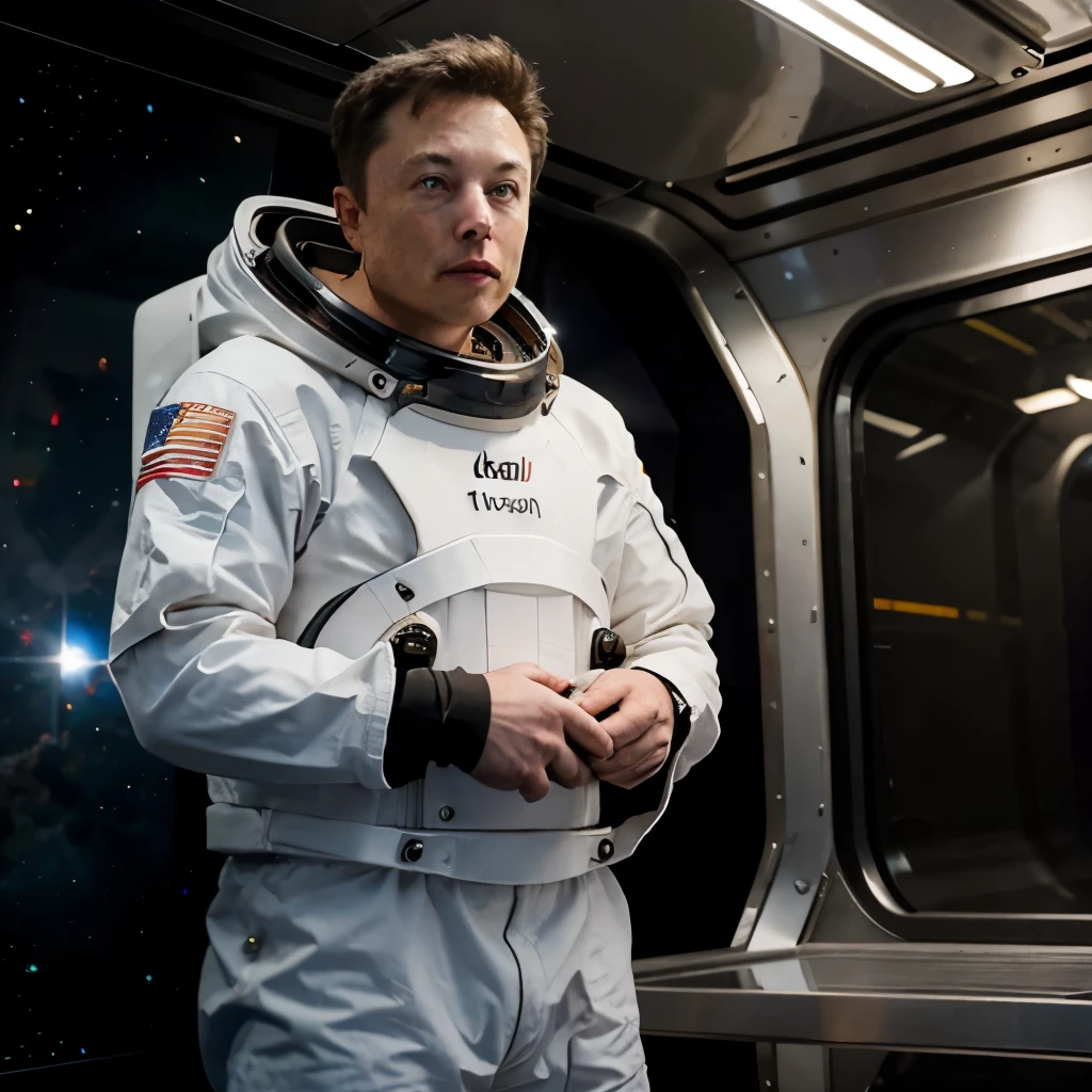 Elon musk wearing a spacesuit and holding the spaceship