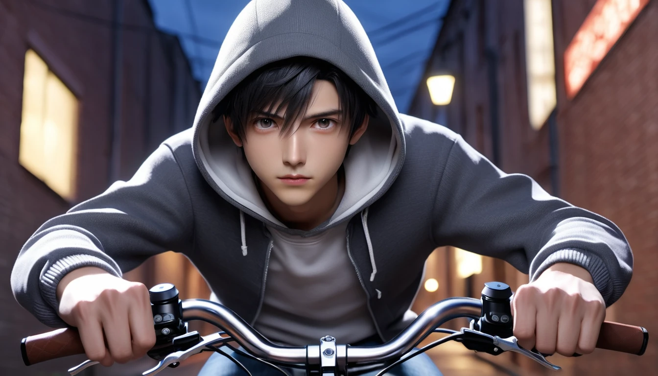 (8k, RAW photos, best quality, masterpiece: 1.4), (((Boy on bike)))，Ultra-high resolution, Extremely detailed, light, Upper body close-up, handsome boy, black eyes, (delicate eyes, Eyes are bright:1.2), Black short hair, Fair skin,dark, Grey sweatshirt, sweatshirt with hood,(perfect anatomy:1.2), High-quality shadows, Natural Lighting, (White highlights:1.2), night, cloudy day, (Alley:1.2)