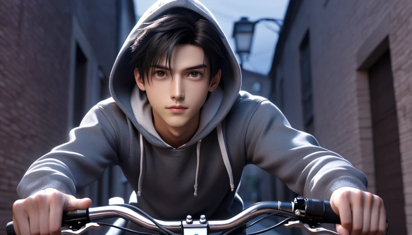 (8k, RAW photos, best quality, masterpiece: 1.4), (((Boy on bike)))，Ultra-high resolution, Extremely detailed, light, Upper body close-up, handsome boy, black eyes, (delicate eyes, Eyes are bright:1.2), Black short hair, Fair skin,dark, Grey sweatshirt, sweatshirt with hood,(perfect anatomy:1.2), High-quality shadows, Natural Lighting, (White highlights:1.2), night, cloudy day, (Alley:1.2)