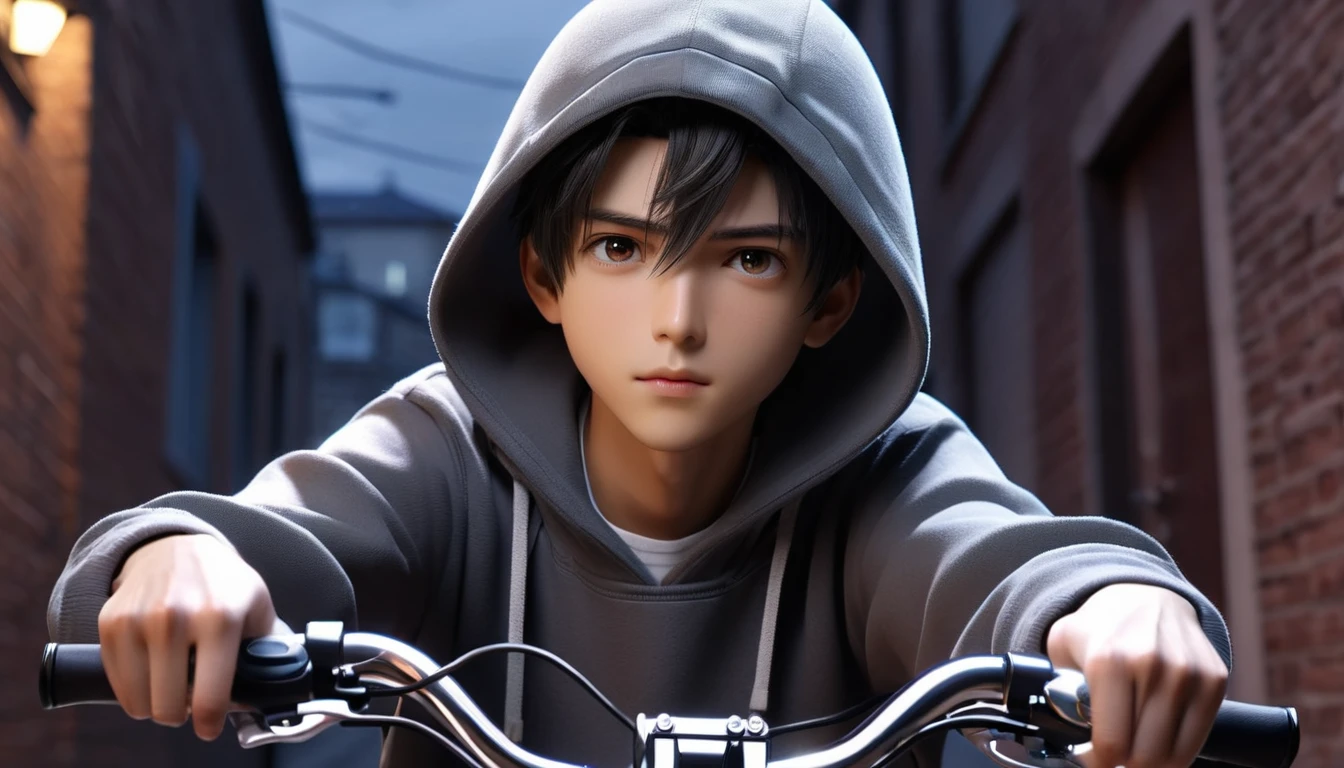 (8k, RAW photos, best quality, masterpiece: 1.4), (((Boy on bike))),Ultra-high resolution, Extremely detailed, light, Upper body close-up, handsome boy, black eyes, (delicate eyes, Eyes are bright:1.2), Black short hair, Fair skin,dark, Grey sweatshirt, sweatshirt with hood,(perfect anatomy:1.2), High-quality shadows, Natural Lighting, (White highlights:1.2), night, cloudy day, (Alley:1.2)