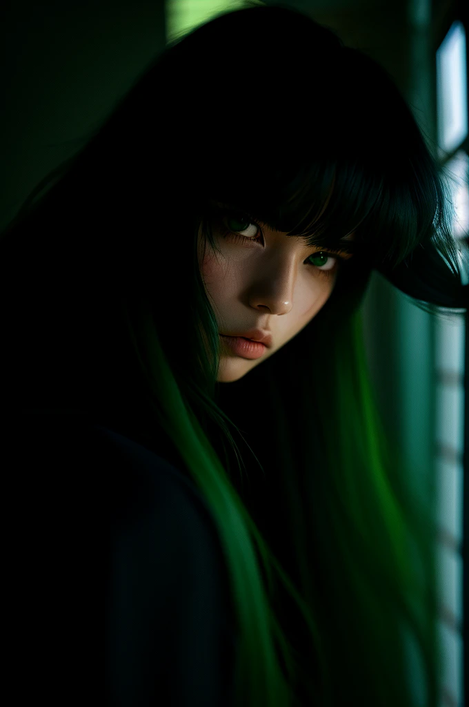 i want the whole image to be created in 3D anime style, solo, long hair, looking at viewer, bangs, black hair, 1boy, hair between eyes, closed mouth, green eyes, male focus, multicolored hair, japanese clothes, lips, eyelashes, portrait, close-up, haori, demon slayer uniform