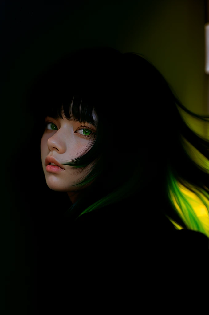 i want the whole image to be created in 3D anime style, solo, long hair, looking at viewer, bangs, black hair, 1boy, hair between eyes, closed mouth, green eyes, male focus, multicolored hair, japanese clothes, lips, eyelashes, portrait, close-up, haori, demon slayer uniform