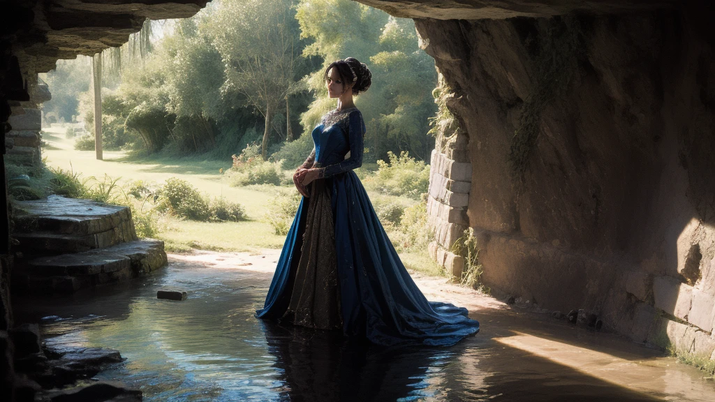 (masterpiece, top quality, best quality, official art, beautiful and aesthetic:1.2), (1maturedgirl), cute, extreme detailed, colorful, highest detailed, royal, princess, crown, scenery,lush foliage,rocky cave formation, BLUE gown dress in scenery  cave formation wedding