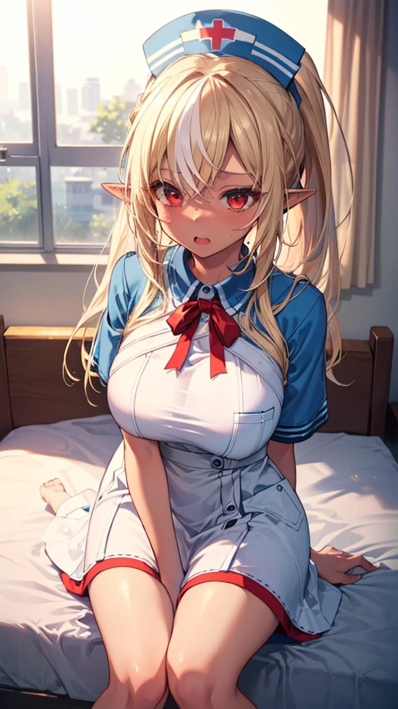 (best quality:1.2), (ultra detailed:1.2),(masterpiece:1.2),(8k:1.2),(Blessed,Captivating body、Ultra detailed hands、Ultra-detailed eyes、Ultra-detailed skin、ultra-detailed face,Detailed Background),One Girl、(bedroom,nurse, nurse cap, breast pocket, collared dress, short dress, short sleeves, thighs, white dress, white headwear), 1girl, shiranui flare, streaked hair, dark skin, long hair, blonde hair, hair bow, blue bow, pointy ears, 独奏, red eyes, white hair, ponytail,(ecstasy, aroused:1.5)