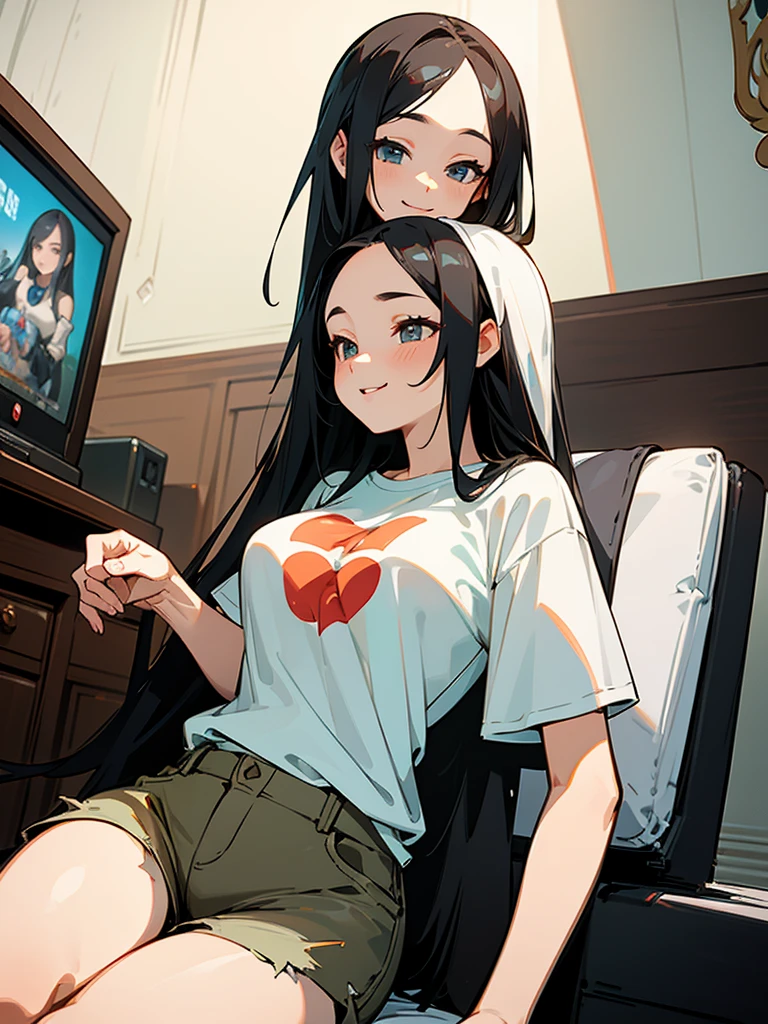 {best quality}、My room in white tones、Long Black Hair、forehead、25Old woman、beautiful breasts beautiful breasts、Sitting and playing video games with a game controller、openmouth、A triumphant smile、oversized t-shirt、shorts、cowboy shot、Low angle