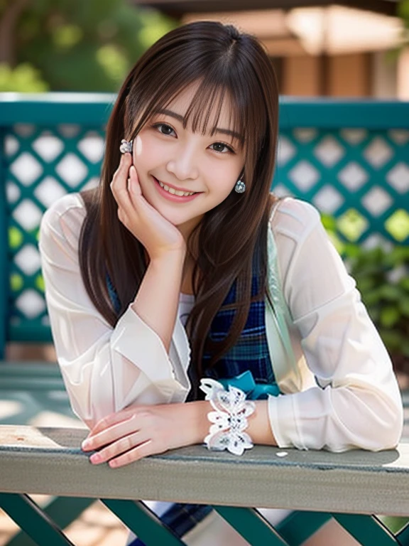 Photo-realistic quality、Sitting on a bench、A 20-year-old Japanese female idol resting her chin on her hand, looking at the camera、Detailed and beautiful eyes、Cute smile、A soft and gentle look