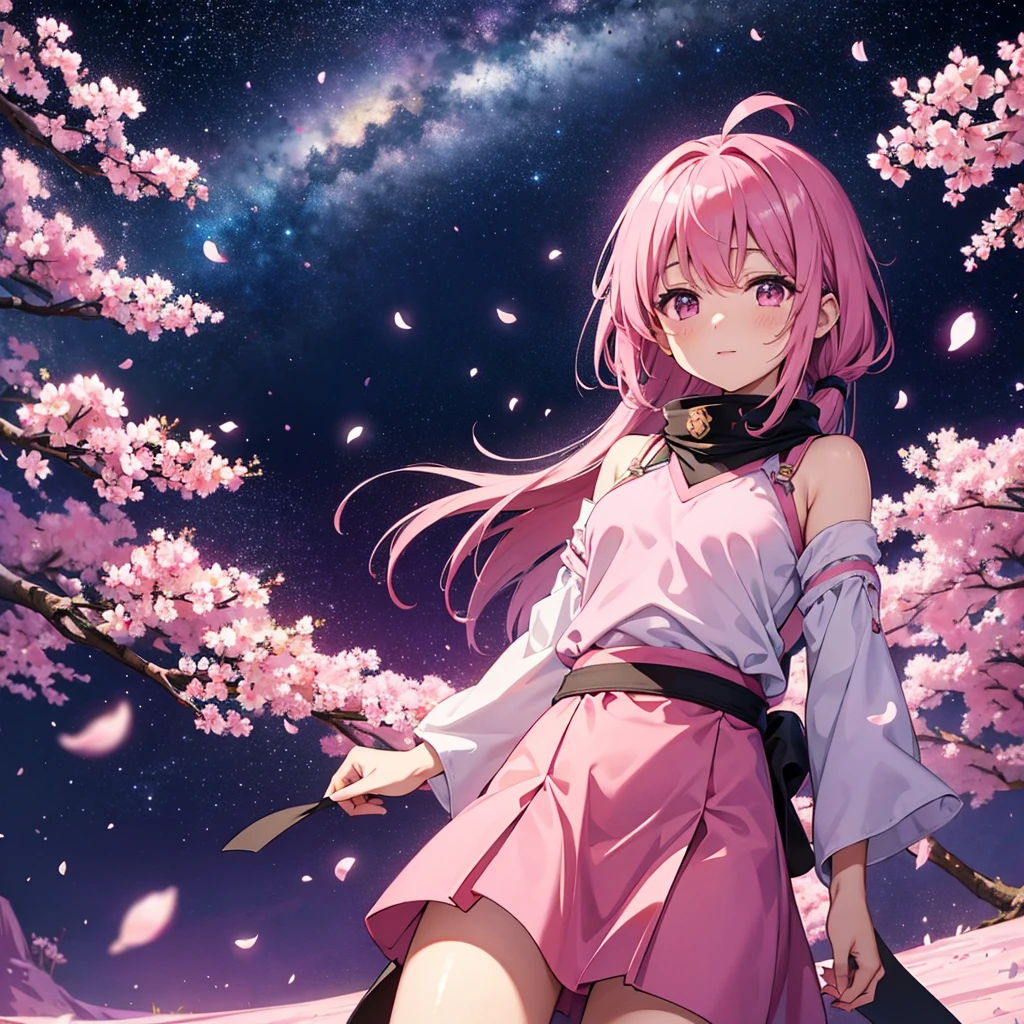 Sky background with sakura petals, space fantasy landscape in dark pink tones