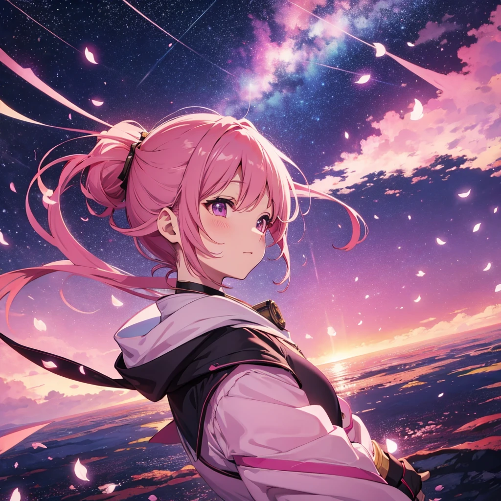 Sky background with sakura petals, space fantasy landscape in dark pink tones