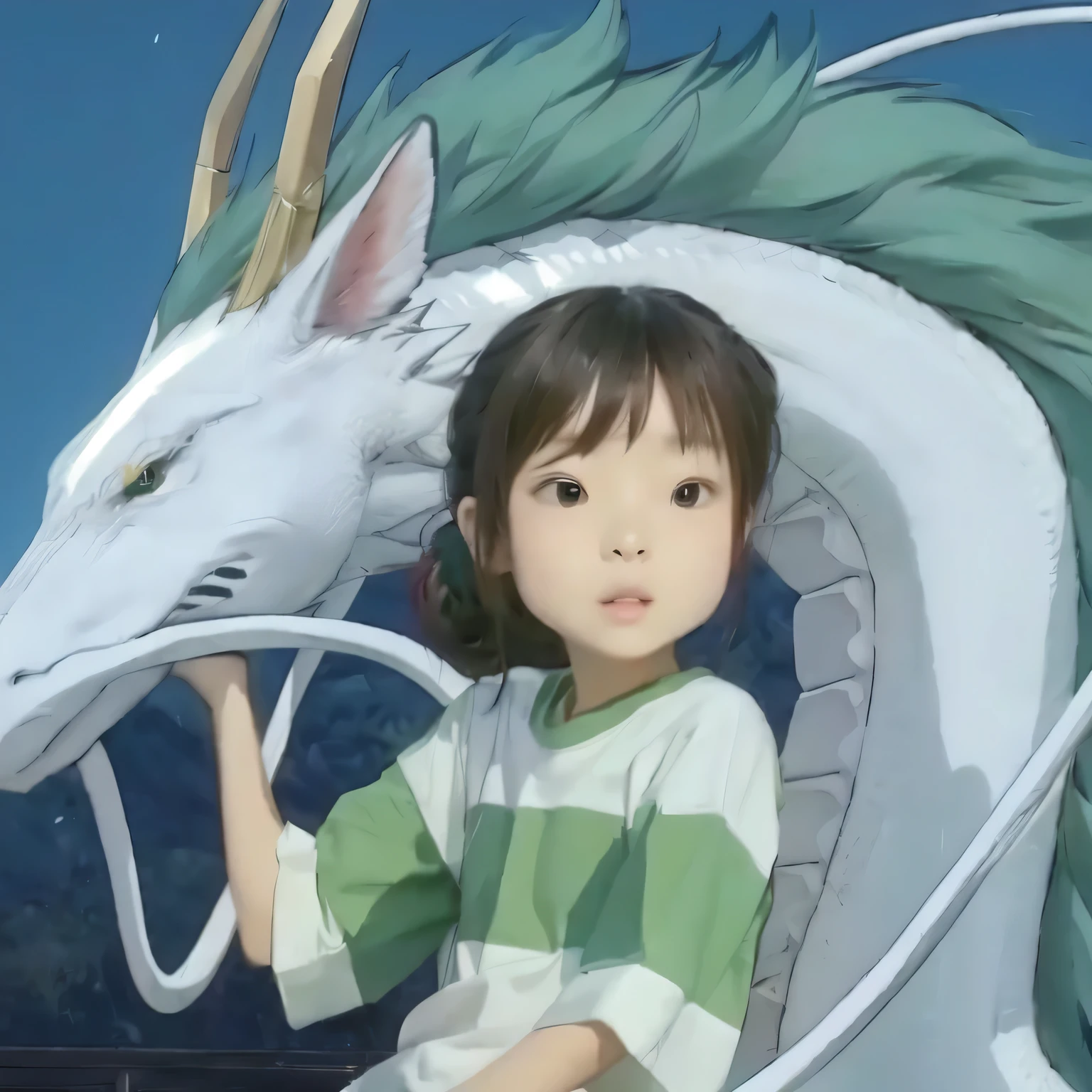 girl, brown hair with ponytail, white t-shirt with green stripes, white dragon