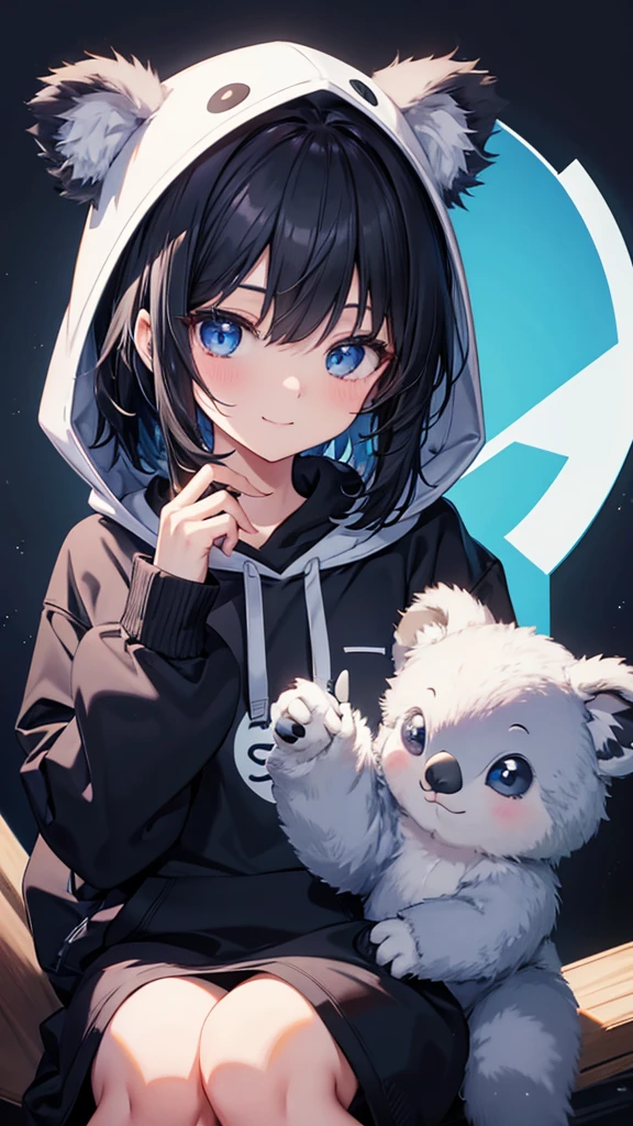 Koala ears hoodie、Black Hair、Medium Hair、blue eyes、Girl Solo, Gaze, High resolution, smile, Character portrait, Setting diagram, anime, 