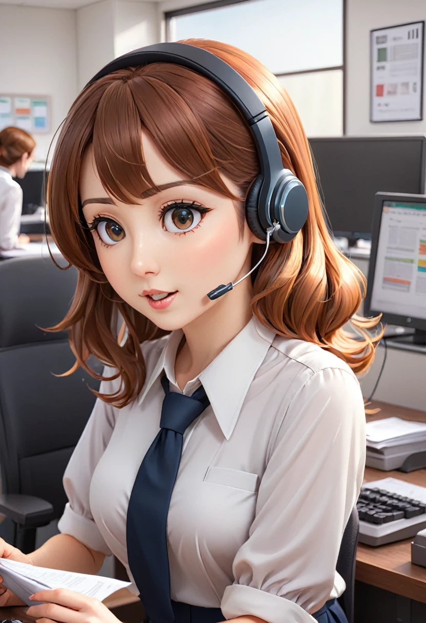 Digital Art、Manga/Anime style illustrations,A woman in her twenties wearing a hearing aid、She is typing at the office.、She is dressed as an office worker.、super detail, best quality,