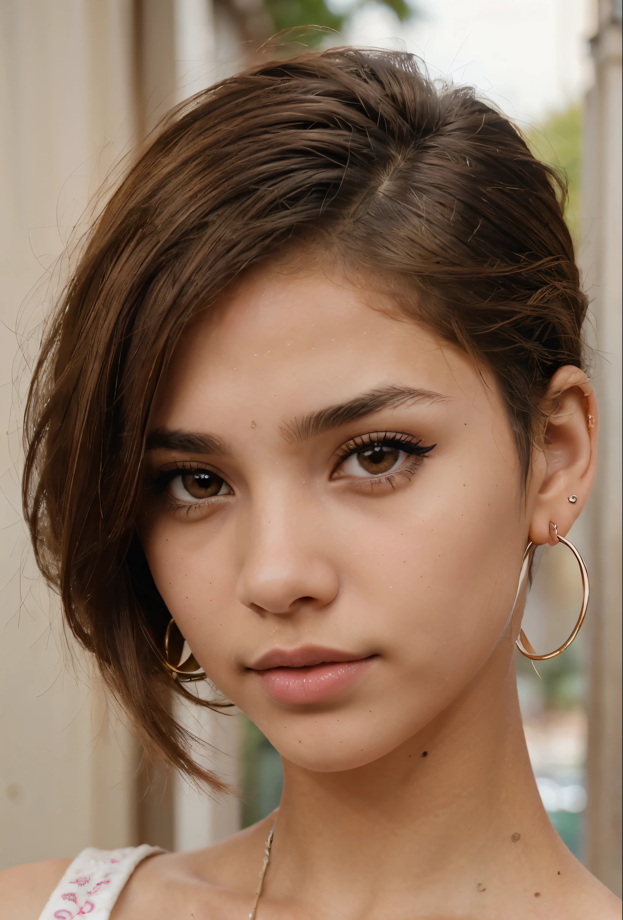 beautiful girl, brown_eyes, ((beautiful slim age girl 18 year old, hair color [Brown highlights hair], [undercut pixie] hair)), earrings, lips, realistic, narrow waist, charming, pink lipstick, colorful makeup, long eyelashes, earrings, wearing eyeliner, fair skin, (cute), (detailed face), detailed eyes, detailed iris
